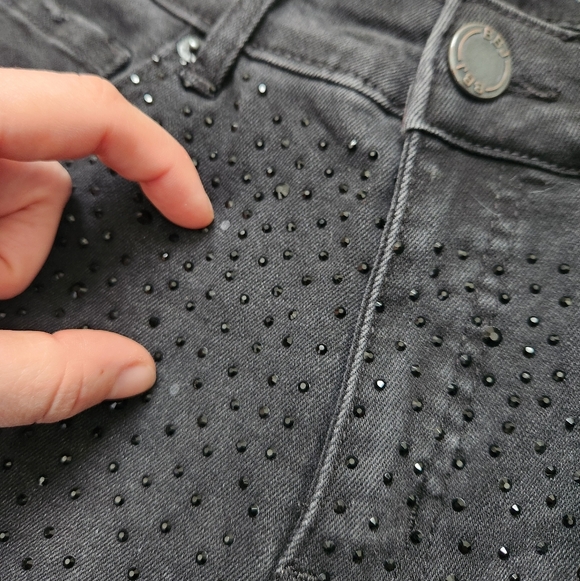 BBJ Rhinestone Flare Black Denim Jeans High Rise Stretch Cotton Blend Sz 7/28 - Picture 9 of 12